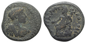 Hadrian (117-138). Decapolis, Petra. Æ (26mm, 13.91g, 6h). Laureate and cuirassed bust r., with gorgoneion on breastplate. R/ Tyche seated l. on rock,...