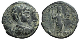 Caracalla (198-217). Pisidia, Antioch. Æ (23mm, 5.91g, 6h). Laureate, draped and cuirassed bust r., seen from behind. R/ Mên standing r., with foot on...