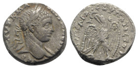 Elagabalus (218-222). Seleucis and Pieria, Antioch. Tetradrachm (24.5mm, 13.30g, 6h). Laureate bust r. with drapery on far shoulder. R/ Eagle standing...