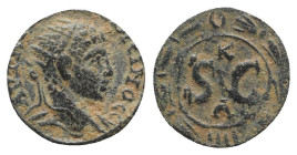 Elagabalus (218-222). Seleucis and Pieria, Antioch. Æ (15mm, 4.94g, 2h). Laureate head r. R/ Large SC, K above, A below; all within laurel wreath. BMC...