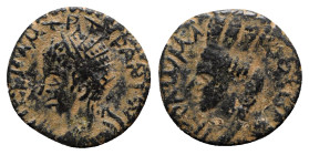 Elagabalus (218-222). Mesopotamia, Edessa. Æ (17mm, 3.62g, 6h). Radiate head l. R/ Veiled and turreted bust of Tyche l. SNG Copenhagen 213. Brown pati...