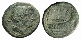 Anonymous, Rome, 217-215 BC. Æ Semuncia (21mm, 4.98g, 3h). Head of Mercury r., wearing winged petasus. R/ Prow r. Crawford 38/7; RBW 100. Green patina...