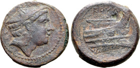 Anonymous, Rome, 217-215 BC. Æ Semuncia (20mm, 5.61g, 10h). Head of Mercury r., wearing winged petasus. R/ Prow r. Crawford 38/7; RBW 100. VF