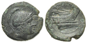 Anonymous, Rome, c. 217-215 BC. Æ Quartuncia (17mm, 3.41g, 5h). Helmeted head of Roma r. R/ Prow of galley r. Crawford 38/8; RBW 103. Green patina, VF...