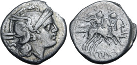 Anonymous, Rome, 211-208 BC. AR Sestertius (12mm, 0.97g, 9h). Helmeted head of Roma r.; IIS behind. R/ The Dioscuri, each holding spear, on horseback ...