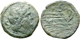 Anonymous, Rome, after 211 BC. Æ Semis (27mm, 14.45g, 1h). Laureate head of Saturn r. R/ Prow of galley r. Crawford 56/3; RBW 203-4. Near VF