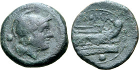 Anonymous, Rome, after 211 BC. Æ Uncia (18mm, 4.41g, 3h). Helmeted head of Roma r. R/ Prow of galley r. Crawford 56/7; RBW 215. VF