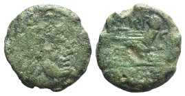 MP series, Uncertain mint, 211-208 BC. AR Victoriatus (17mm, 3.16g, 6h). Laureate head of Jupiter r. R/ Victory standing r., crowning trophy; MP monog...
