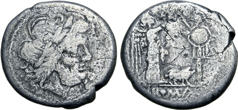 Sow series, Rome, 206-195 BC. AR Victoriatus (17mm, 2.74g, 5h). Laureate head of...