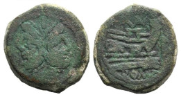 VAL series, Rome, c. 169-158 BC. Æ As (33mm, 31.47g, 6h). Laureate head of Janus. R/ Prow of galley r.; VAL monogram above. Crawford 191/1; RBW 816. G...