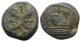 Anonymous, Rome, c. 157-6 BC(?). Unofficial Æ As (27mm, 18.58g, 2h). Laureate head of bearded Janus. R/ Prow of galley r.; ROMA below. Cf. Crawford 19...