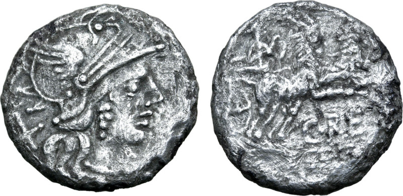 C. Renius, Rome, 138 BC. AR Denarius (17mm, 3.46g, 3h). Helmeted head of Roma r....