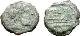 Elephant head series, Rome, c. 128 BC. Æ Semis (21mm, 5.93g, 1h). Laureate head of Saturn r. R/ Prow r.; elephant head above. Crawford 262/2; RBW 1061...