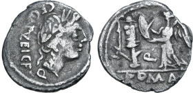 C. Egnatuleius C.f., Rome, 97 BC. AR Quinarius (16mm, 1.82g, 8h). Laureate head of Apollo. R/ Victory standing l., inscribing shield attached to troph...