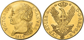 Savoia. Vittorio Emanuele I re di Sardegna, 1802-1821. 
Doppia 1814 Torino, I tipo. Pagani 2. MIR 1019. Friedberg 1128. Estremamente rara. Fondi bril...