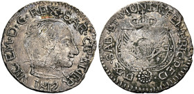 Savoia. Monetazione per la Sardegna. 
Reale o da 5 soldi 1812 Cagliari. Pagani 20. MIR 1024a. Rarissimo. BB