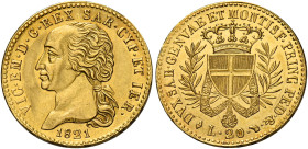 Savoia. Monetazione decimale, 1816-1821. 
Da 20 lire 1821 Torino. Pagani 9a. MIR 1029b. Friedberg 1131. Rarissima. Spl
