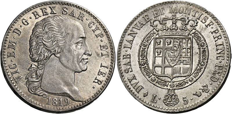Savoia. Monetazione decimale, 1816-1821. 
Da 5 lire 1819 Torino. Pagani 13. MIR...