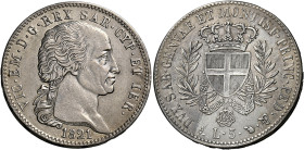 Savoia. Monetazione decimale, 1816-1821. 
Da 5 lire 1821 Torino. Pagani 15. MIR 1031a. Rarissima. q.Spl