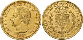 Savoia. Carlo Felice re di Sardegna, 1821-1831. 
Da 80 lire 1827 Torino. Pagani 30. MIR 1032h. Friedberg 1132. q.Spl