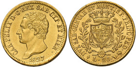 Savoia. Carlo Felice re di Sardegna, 1821-1831. 
Da 20 lire 1827 Torino. Pagani 54. MIR 1034j. Friedberg 1137. Colpetti sul bordo, altrimenti Spl