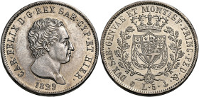Savoia. Carlo Felice re di Sardegna, 1821-1831. 
Da 5 lire 1829 Genova. Asse spostato di 90°. Pagani 76 var. MIR 1035n var. Rarissima. Lieve colpetto...