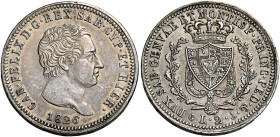 Savoia. Carlo Felice re di Sardegna, 1821-1831. 
Da 2 lire 1826 Genova. Pagani 85. MIR 1036d. Rara. Spl