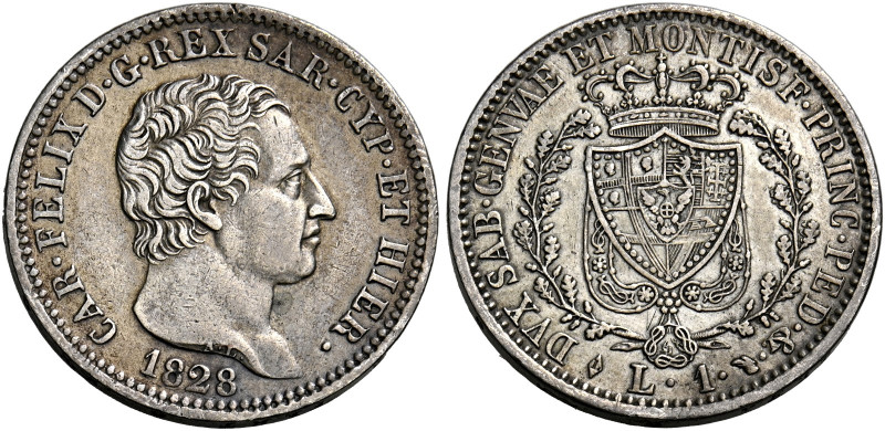 Savoia. Carlo Felice re di Sardegna, 1821-1831. 
Lira 1828 Torino. Pagani 104. ...