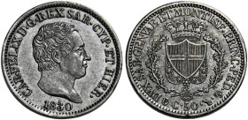 Savoia. Carlo Felice re di Sardegna, 1821-1831. 
Da 50 centesimi 1830 Torino. Pagani 120a. MIR 1038o. Molto rara. Patina di medagliere, Spl

In sla...