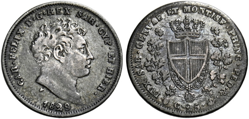 Savoia. Carlo Felice re di Sardegna, 1821-1831. 
Da 25 centesimi 1829 Genova. P...