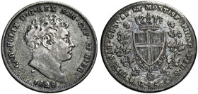 Savoia. Carlo Felice re di Sardegna, 1821-1831. 
Da 25 centesimi 1829 Genova. Pagani 122. MIR 1039a. Rara. Graffi al rv., altrimenti BB