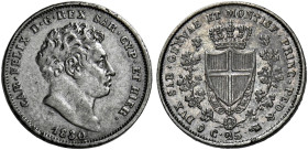 Savoia. Carlo Felice re di Sardegna, 1821-1831. 
Da 25 centesimi 1830 Torino (P). Pagani 125a. MIR 1039e. Molto rara. Spl