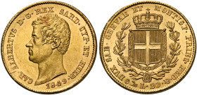 Savoia. Carlo Alberto re di Sardegna, 1831-1849. 
Da 20 lire 1849 Genova. Pagani 208. MIR 1045ac. Friedberg 1143. q.Fdc

In slab NGC UNC DETAILS/OB...