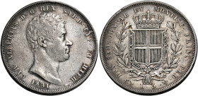 Savoia. Carlo Alberto re di Sardegna, 1831-1849. 
Da 5 lire 1831 Genova. Croce sottile. Pagani 229a. MIR 1047b. Molto rara. q.BB