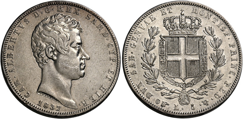 Savoia. Carlo Alberto re di Sardegna, 1831-1849. 
Da 5 lire 1837 Torino. Pagani...