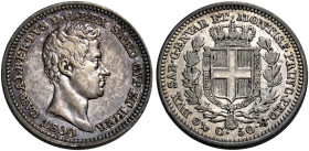 Savoia. Carlo Alberto re di Sardegna, 1831-1849. 
Da 50 centesimi 1833 Genova. Pagani 316. MIR 1050b. Rarissima. Patina di medagliere, buon BB