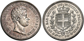 Savoia. Carlo Alberto re di Sardegna, 1831-1849. 
Da 50 centesimi 1843 Torino. Pagani 324. MIR 1050j. Molto rara. q.Fdc