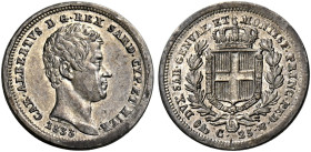 Savoia. Carlo Alberto re di Sardegna, 1831-1849. 
Da 25 centesimi 1833 Genova. Pagani 331. MIR 1051b. Molto rara. q.Spl