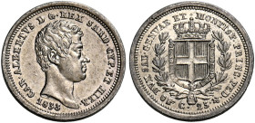 Savoia. Carlo Alberto re di Sardegna, 1831-1849. 
Da 25 centesimi 1833 Torino. Pagani 332. MIR 1051c. Rara. Spl