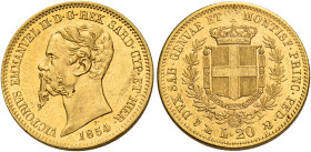 Savoia. Vittorio Emanuele II re di Sardegna, 1849-1861. 
Da 20 lire 1854 Genova. Pagani 345. MIR 1055j. Friedberg 1147. Migliore di Spl