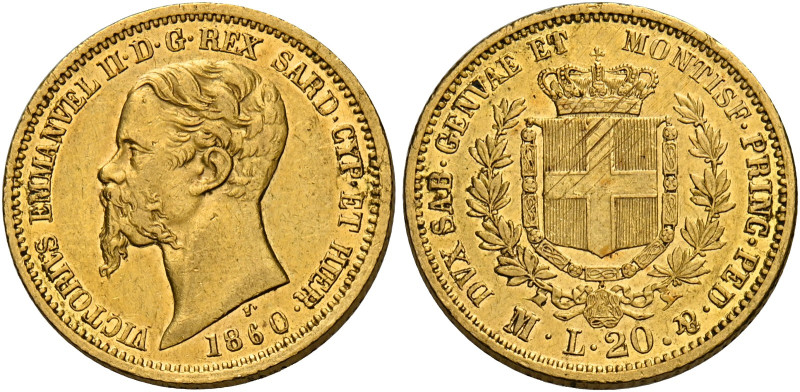 Savoia. Vittorio Emanuele II re di Sardegna, 1849-1861. 
Da 20 lire 1860 Milano...