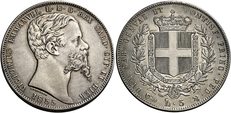 Savoia. Vittorio Emanuele II re di Sardegna, 1849-1861. 
Da 5 lire 1855 Genova....