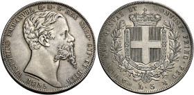 Savoia. Vittorio Emanuele II re di Sardegna, 1849-1861. 
Da 5 lire 1855 Genova. Pagani 379. MIR 1057j. Rarissima. Fondi ritoccati, altrimenti Spl
