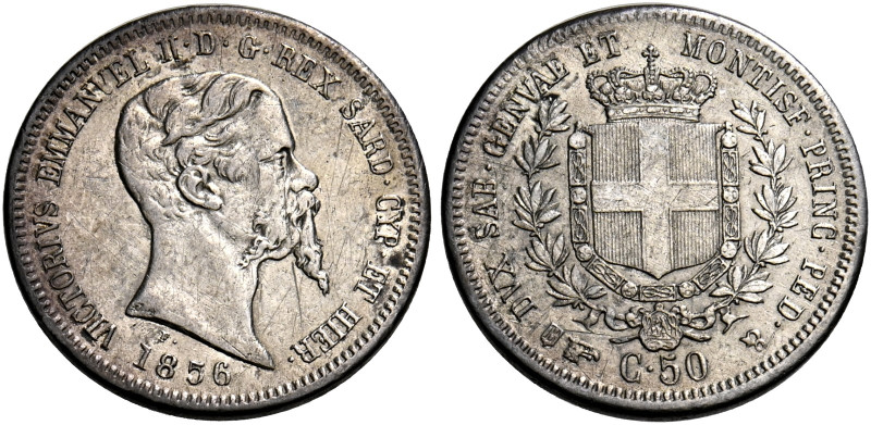 Savoia. Vittorio Emanuele II re di Sardegna, 1849-1861. 
Da 50 centesimi 1856 T...