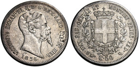 Savoia. Vittorio Emanuele II re di Sardegna, 1849-1861. 
Da 50 centesimi 1856 Torino. Pagani 423. MIR 1060f. Molto rara. Graffietti, altrimenti BB