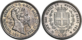 Savoia. Vittorio Emanuele II re di Sardegna, 1849-1861. 
Da 50 centesimi 1860 Milano. Pagani 427. MIR 1060j. Fondi brillanti, q.Fdc

In slab NGC UN...