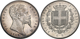 Savoia. Vittorio Emanuele II re eletto, 1859-1861. 
Da 5 lire 1859 Bologna. Pagani 432. MIR 1063a. Chimienti 1442. Molto rara. Bellissima patina irid...