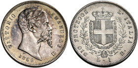 Savoia. Vittorio Emanuele II re eletto, 1859-1861. 
Lira 1859 Bologna. Pagani 438. MIR 1066a. Chimienti 1446. Rara. Migliore di Spl / q.Fdc