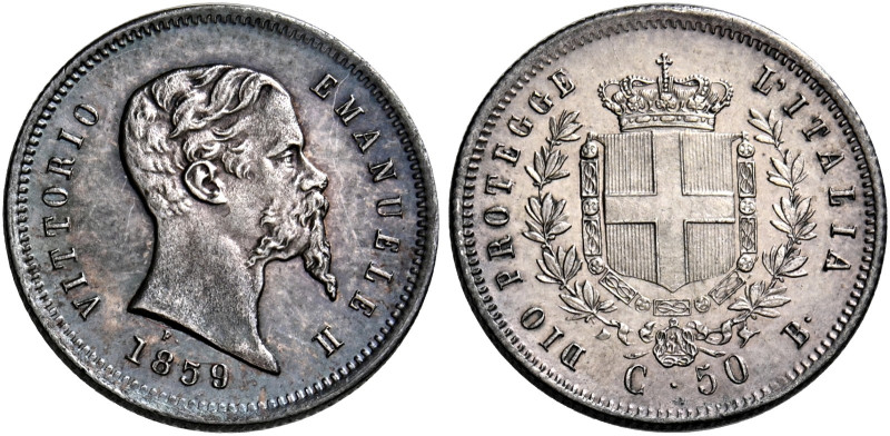 Savoia. Vittorio Emanuele II re eletto, 1859-1861. 
Da 50 centesimi 1859 Bologn...