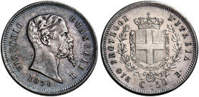 Savoia. Vittorio Emanuele II re eletto, 1859-1861. 
Da 50 centesimi 1859 Bologna. Pagani 442. MIR 1068a. Chimienti 1447. Rara. q.Fdc

In slab NGC M...